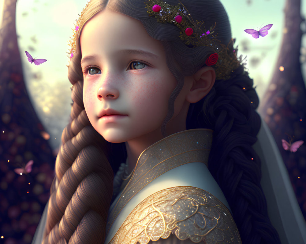 Digital artwork: Young girl with braided hair and flowers, butterflies in magical forest