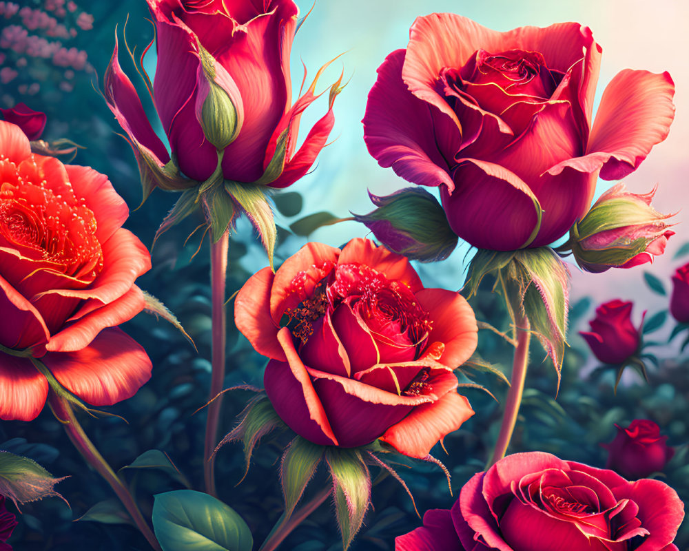 Vivid red roses at different bloom stages on teal background