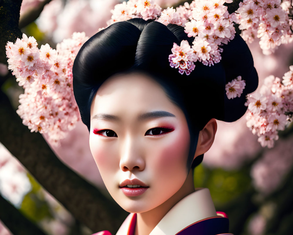 Digital art portrait of woman in East Asian attire with cherry blossoms background