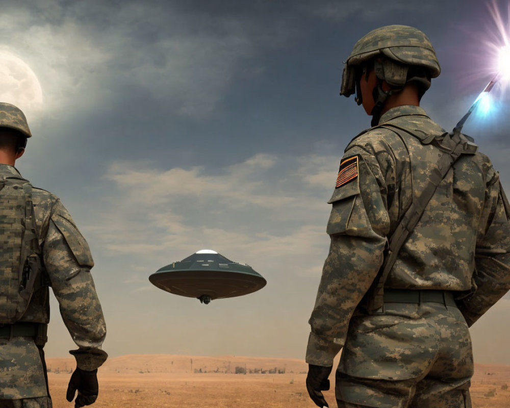 Military soldiers observe UFO in desert landscape with hazy sky and sun glare
