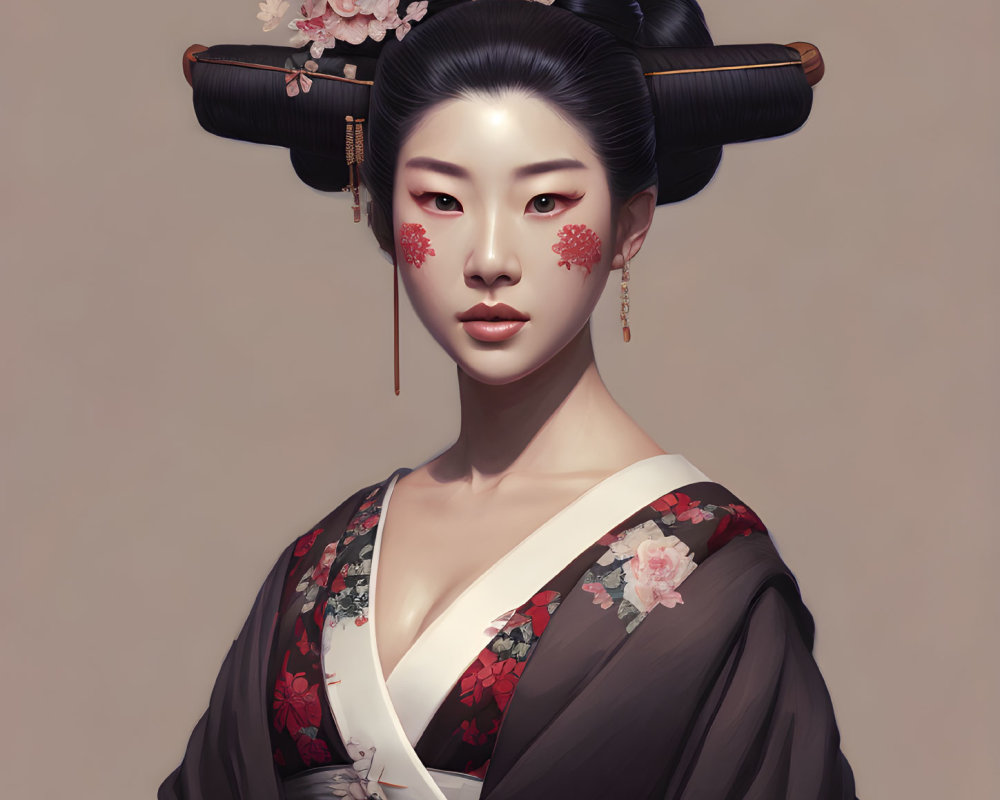 Illustrated portrait of woman with elaborate traditional hairstyle and kimono.