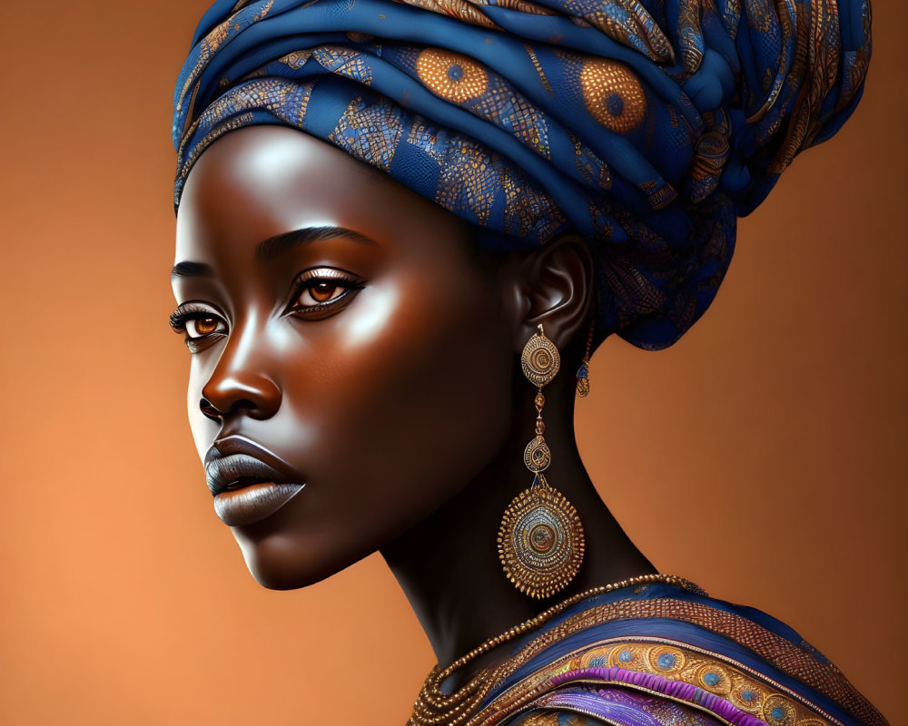 Digital Art Portrait of Woman with Dark Skin in Blue Headwrap