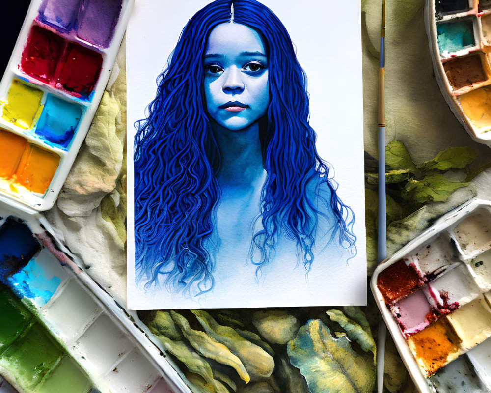 Colorful portrait of woman with blue hair in artistic setting