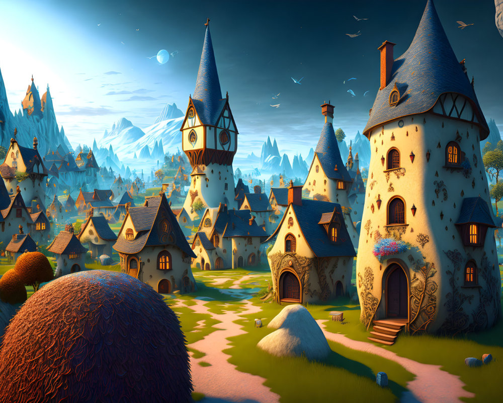 Whimsical village with fairytale cottages and castle-like structures