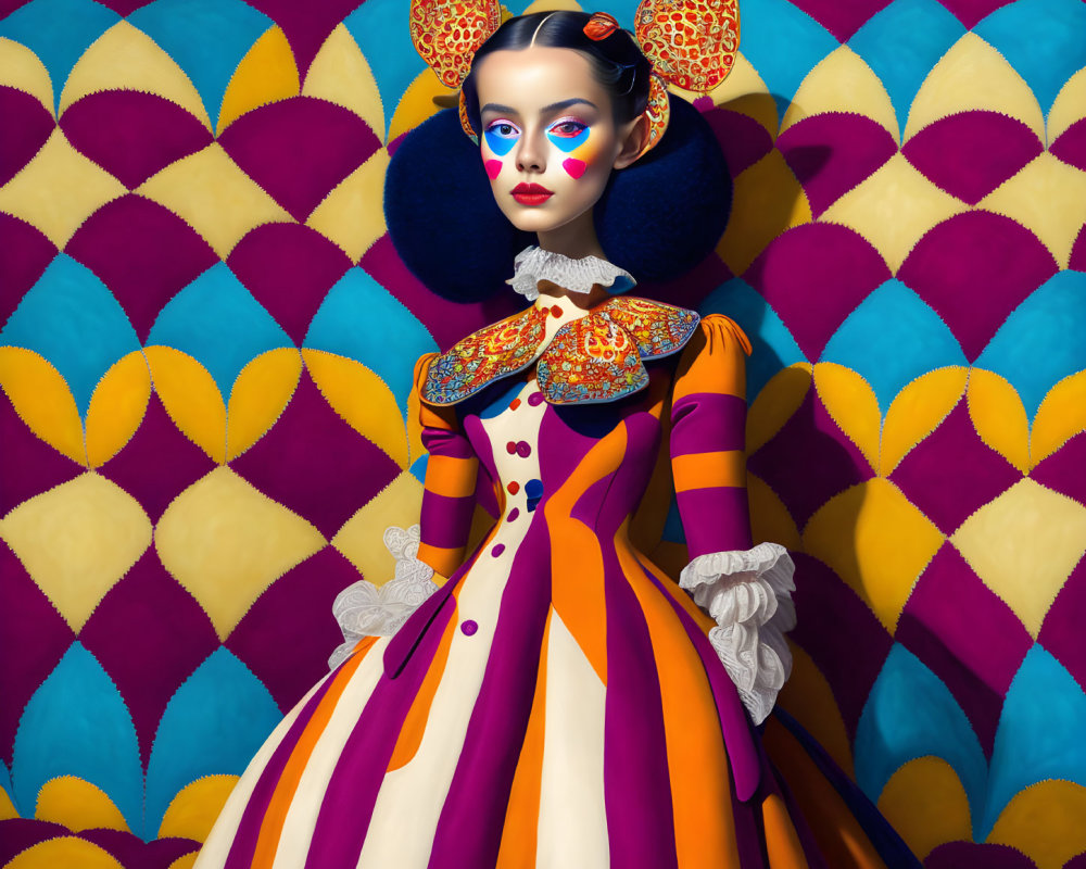 Colorful Vintage Clown Costume Against Vibrant Harlequin Backdrop