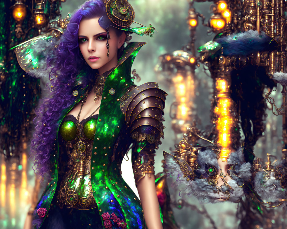 Digital artwork: Woman with purple hair in green steampunk attire with mechanical cat in foggy,