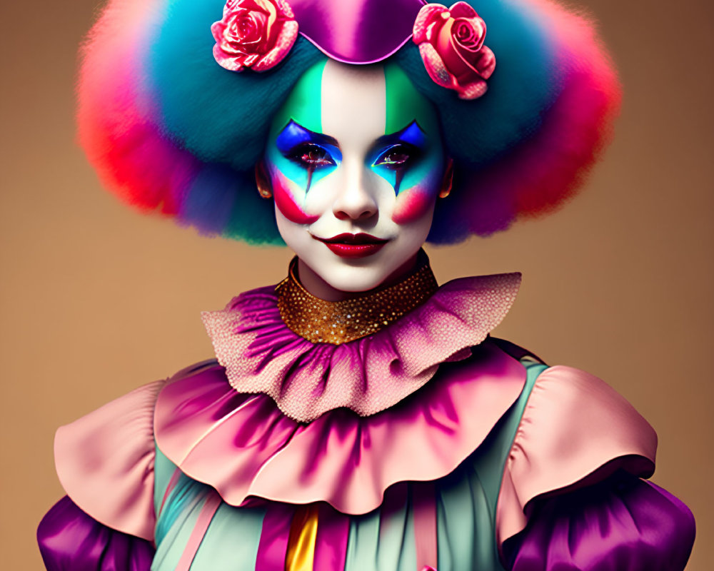 Vibrant blue eye makeup on colorful clown with rainbow hair and roses on taupe background