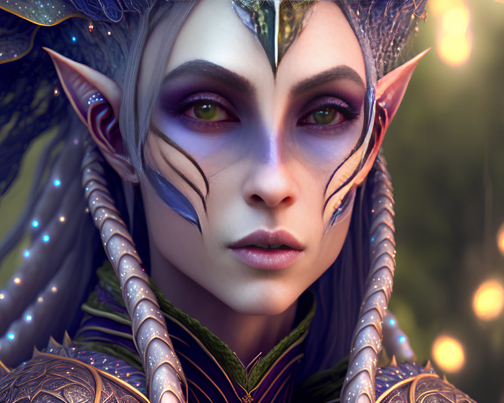 Fantasy elf with purple eyes, pointed ears, face markings, and braided hair.