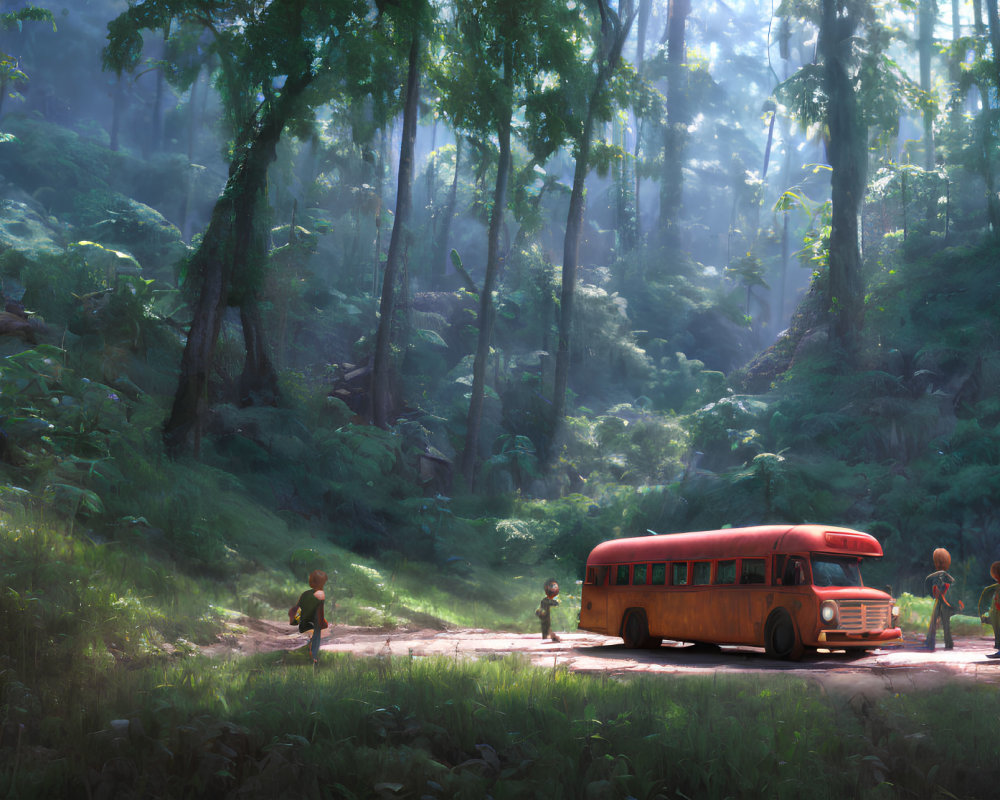 Children exiting vintage yellow school bus in forest sunlight.