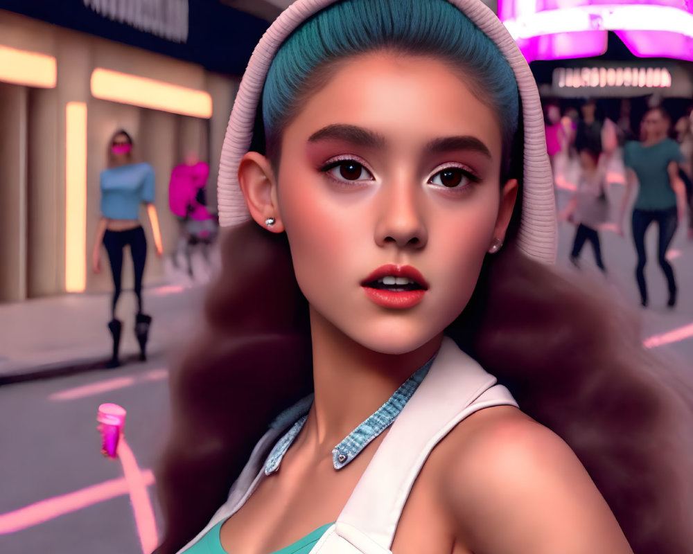 Stylized 3D rendering of girl with blue hair in hat and teal top