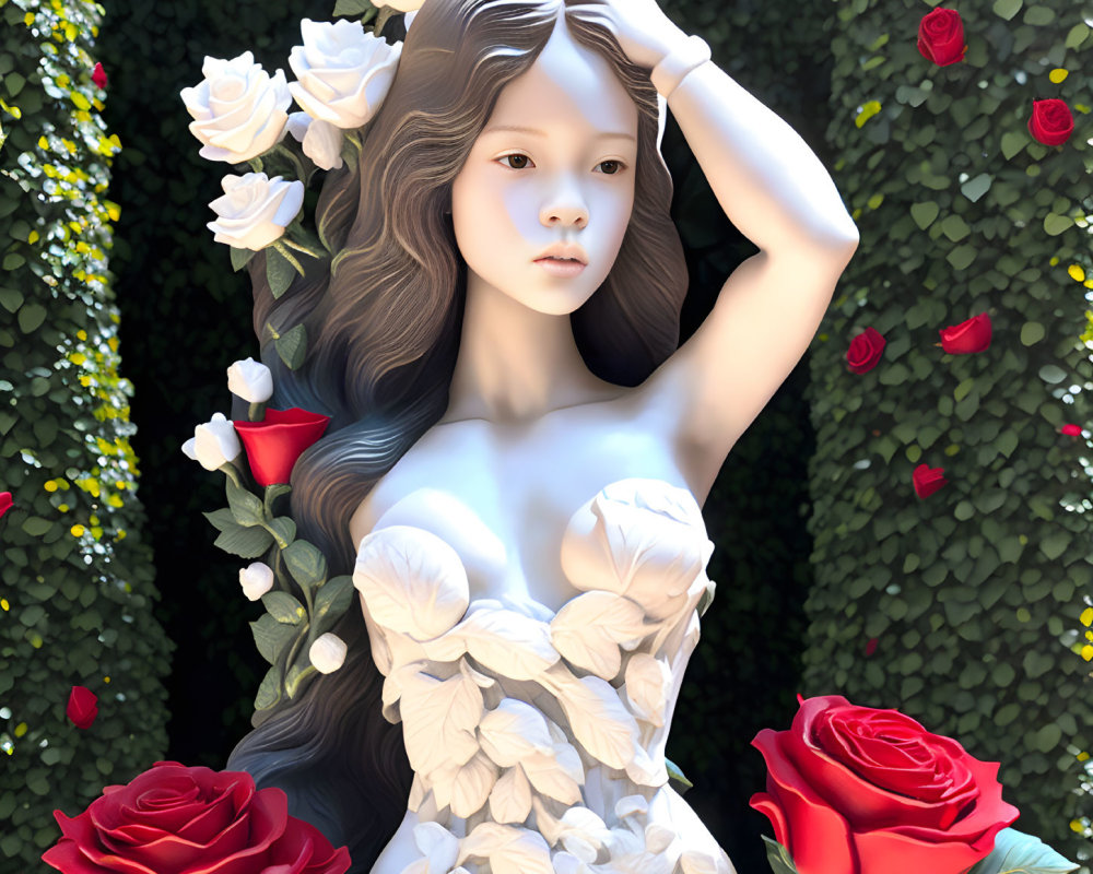 Marble-esque woman statue with long wavy hair, greenery, red roses