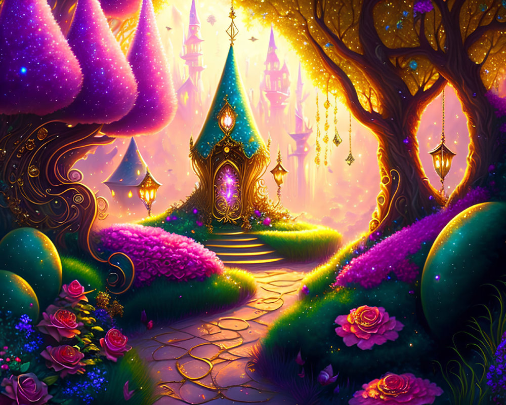 Fantasy landscape with gem-studded pathway & luminous castle.