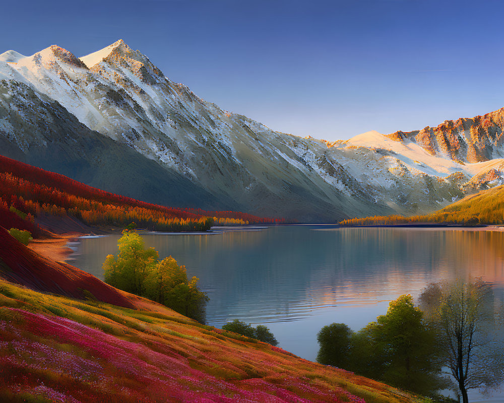 Scenic snow-capped mountain, lake, autumn forest, meadow with pink flowers