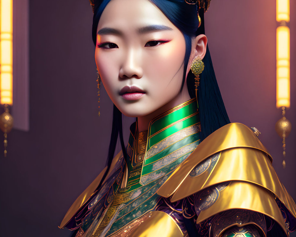 Digital artwork: Woman in ornate golden armor with traditional Asian motifs