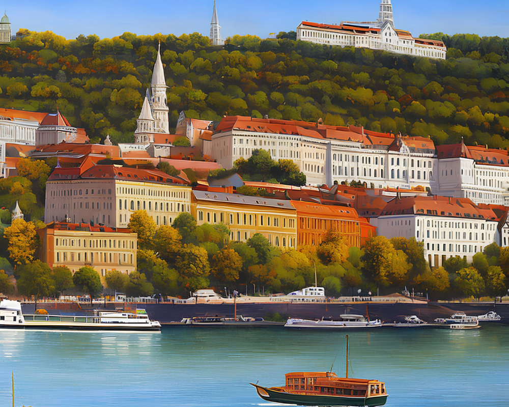 Scenic hilly cityscape with river, classic architecture, and boat under blue sky