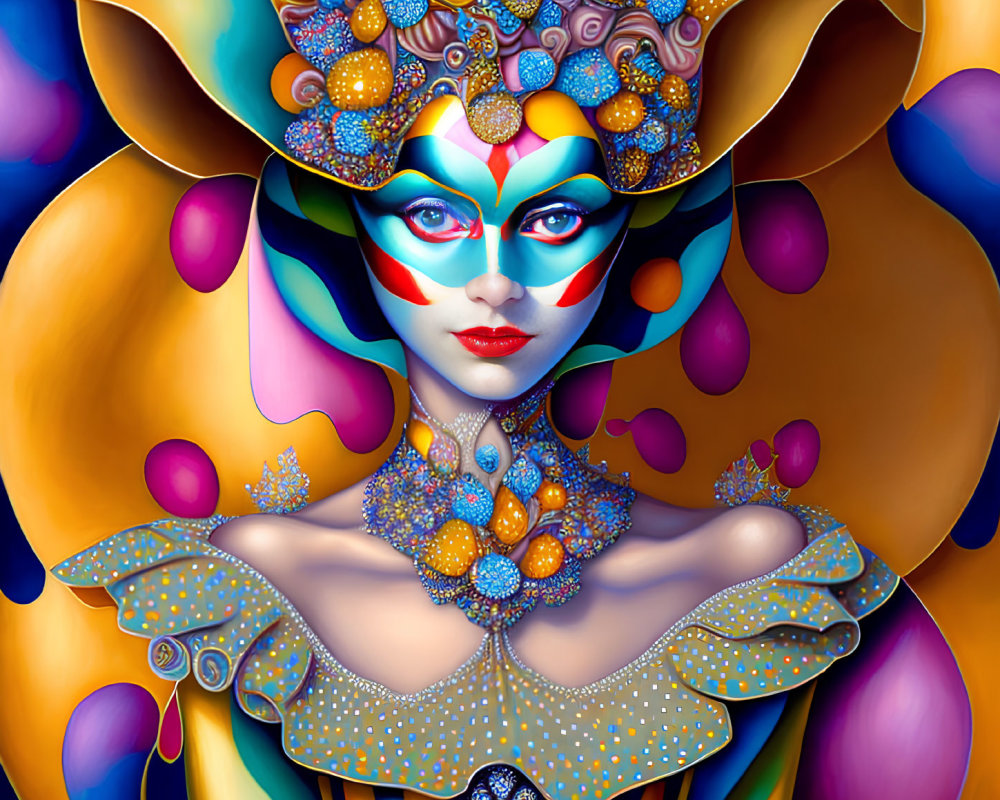 Vibrant surreal portrait of stylized woman with elaborate makeup and floral details