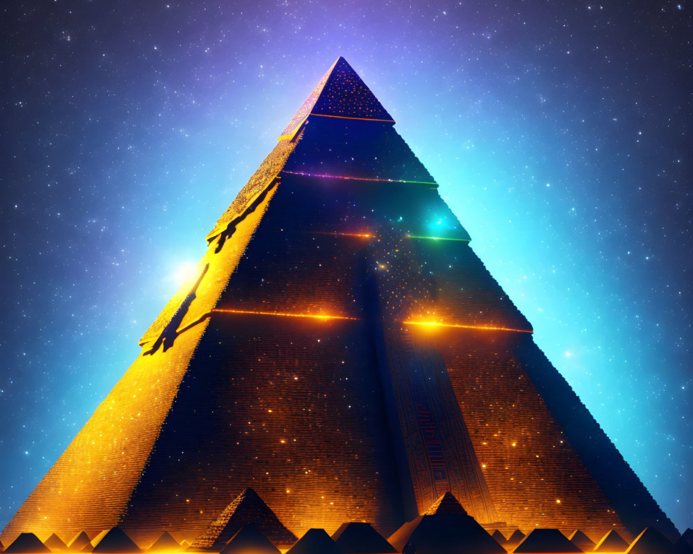 Luminous pyramid with hieroglyphics under starry night sky