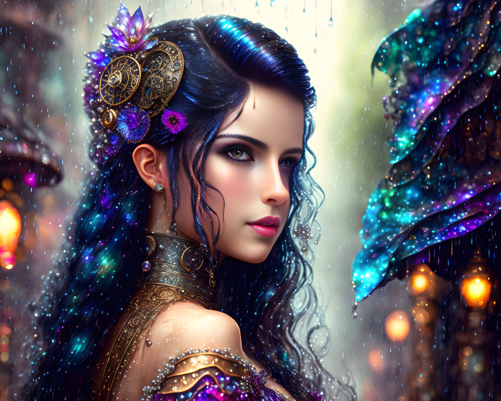 Digital artwork of woman with elaborate hair accessories and detailed armor against magical background.