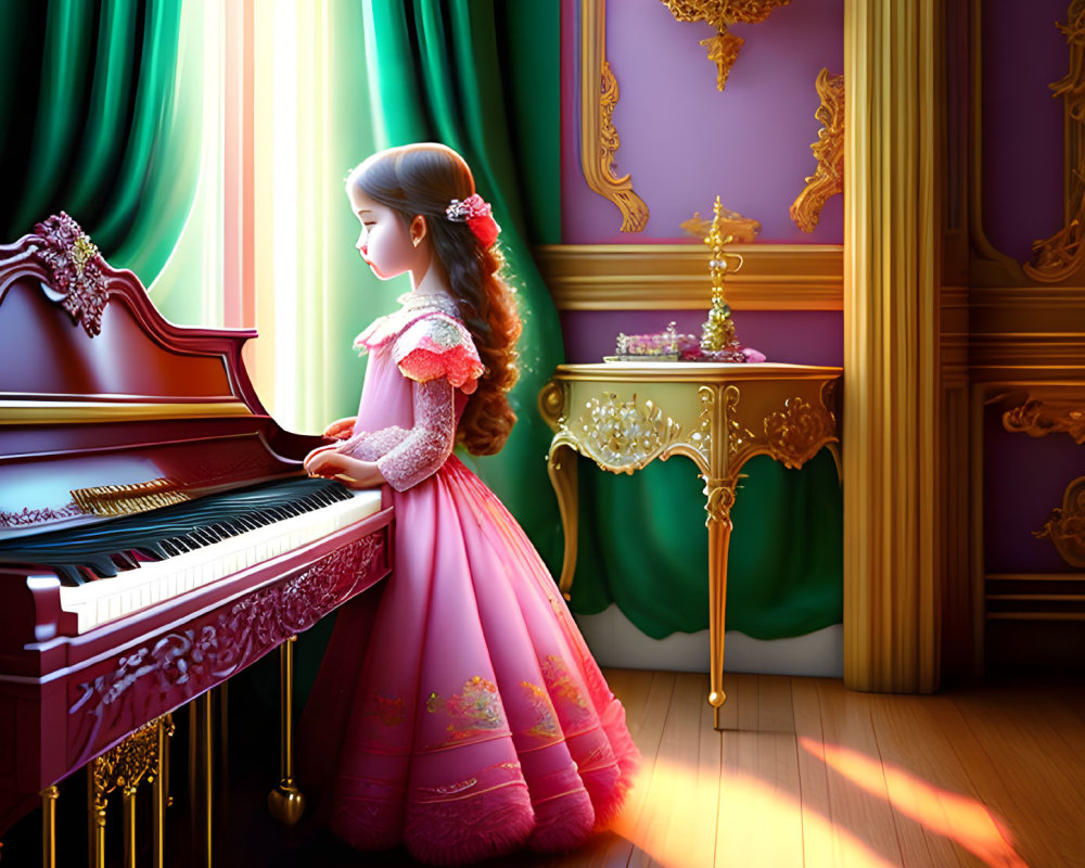 Young girl in Victorian dress playing grand piano in opulent room