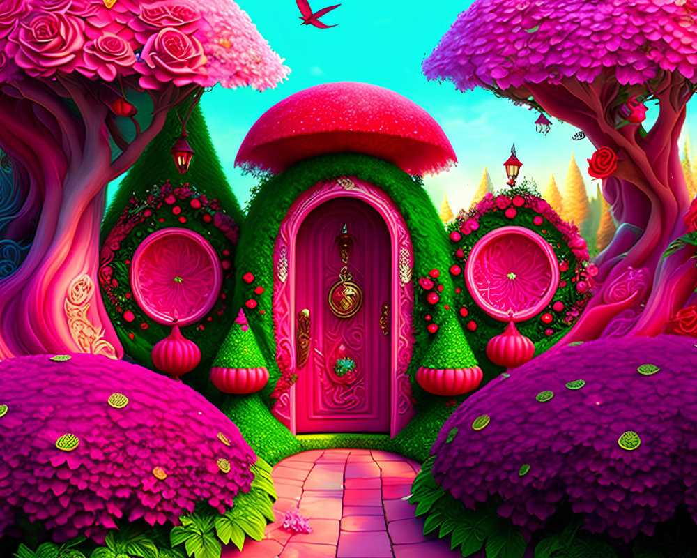 Colorful Fantasy Landscape with Pink Mushroom House in Enchanted Forest