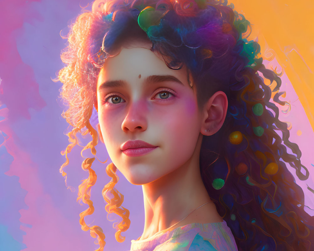 Colorful Curly-Haired Girl in Warm Iridescent Light on Pink Background