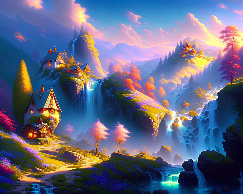 Colorful Sunset Sky Over Fantasy Landscape with Waterfalls & Cozy House