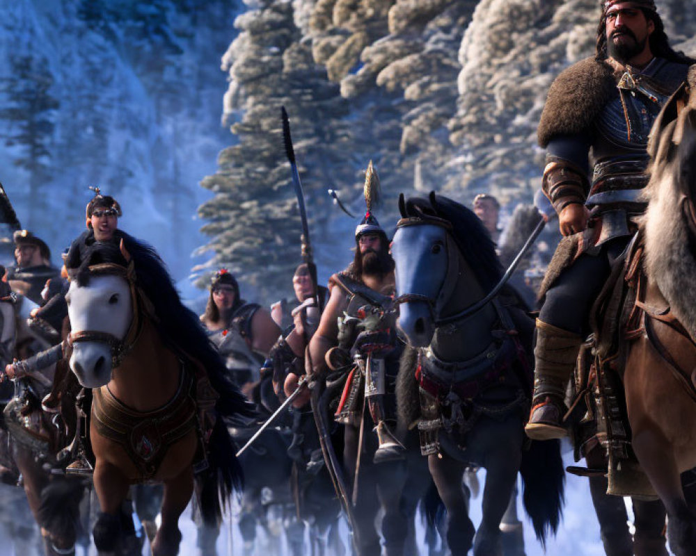 Armored medieval warriors on horses in snowy forest with leader