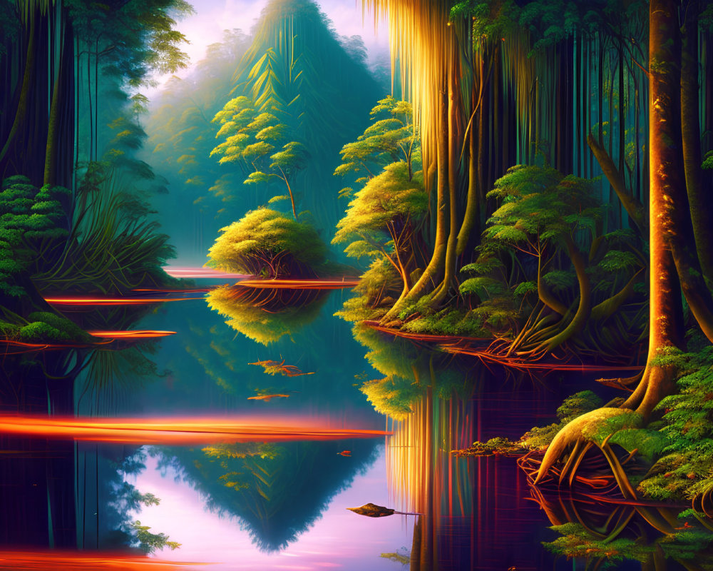 Tranquil forest scene with mirror-like reflections and saturated colors