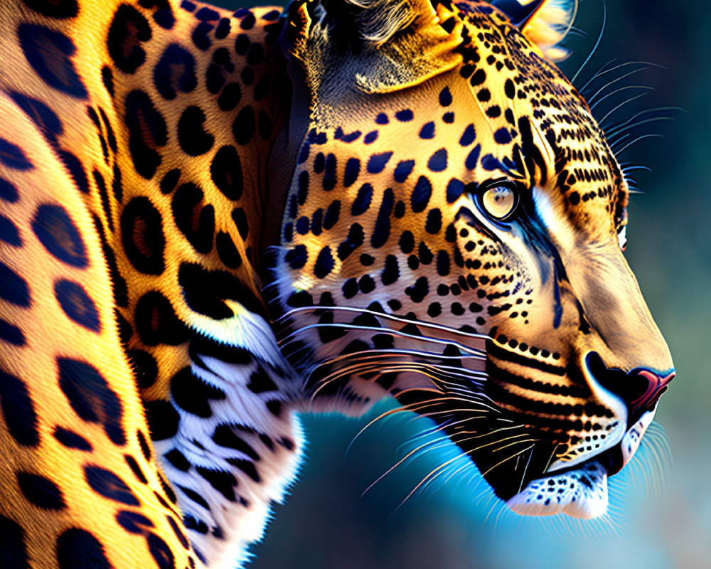 Close-up of jaguar with orange fur and black rosettes on blue background