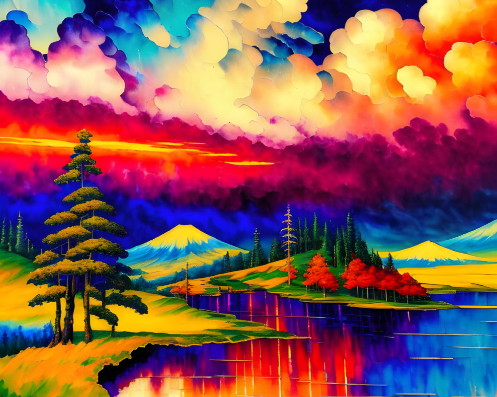 Colorful Landscape Painting with Reflective Lake and Mountains