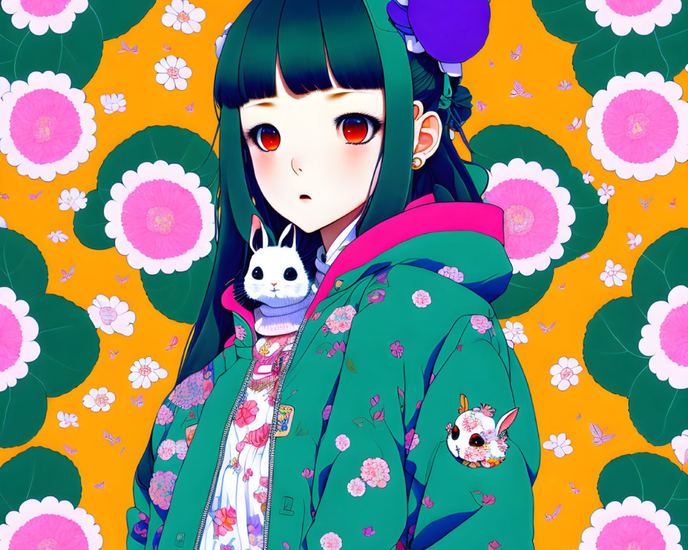 Blue-haired anime girl with red eyes holding a white cat on orange background with pink flowers