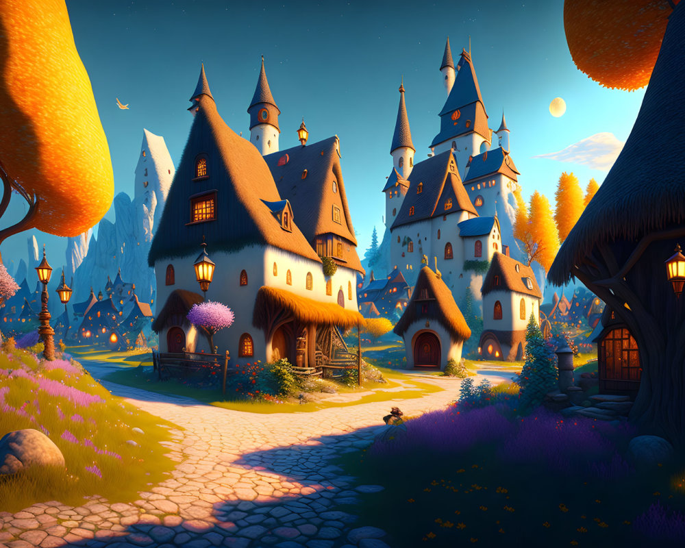 Whimsical fairytale village with oversized citrus fruit at dusk