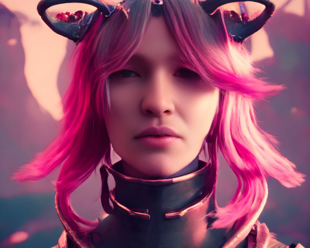 Pink-haired person with cat ears in futuristic black outfit on pink background