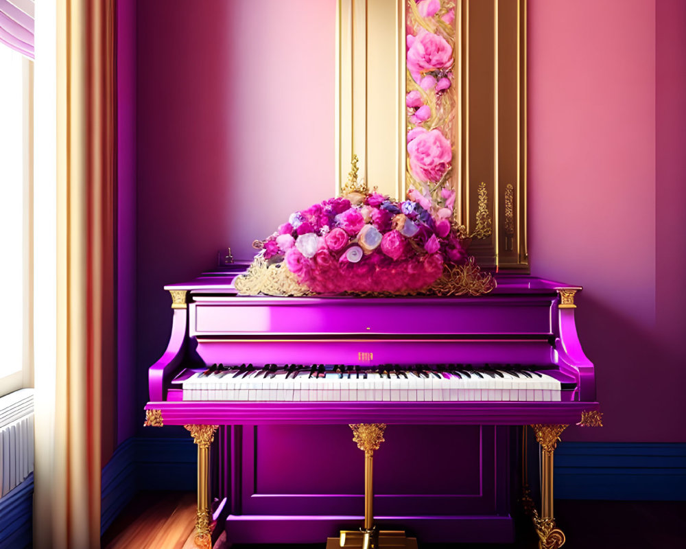 Purple Piano with Floral Arrangement in Purple and Gold Room