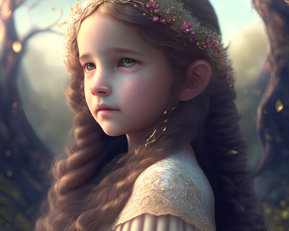 Young girl with long hair and floral crown in dreamy forest setting