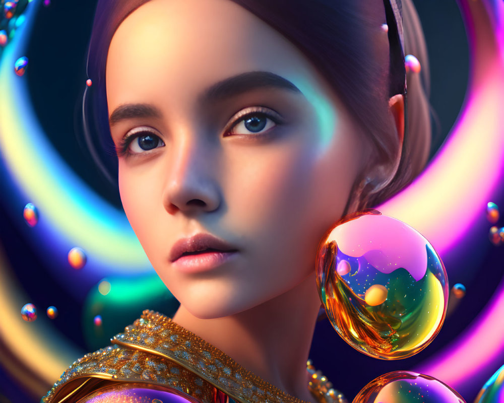 Colorful Digital Portrait Featuring Woman with Reflective Orb Earrings