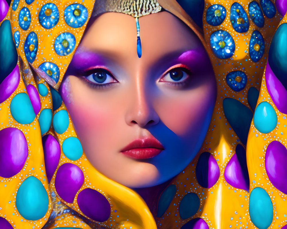 Colorful portrait of woman with blue and purple makeup and yellow headscarf adorned with gemstones