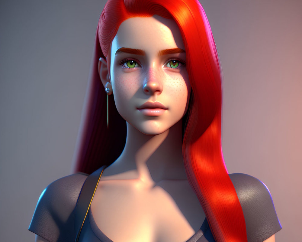 3D Rendered Image: Young Woman with Red Hair, Blue Eyes, Freckles, Grey