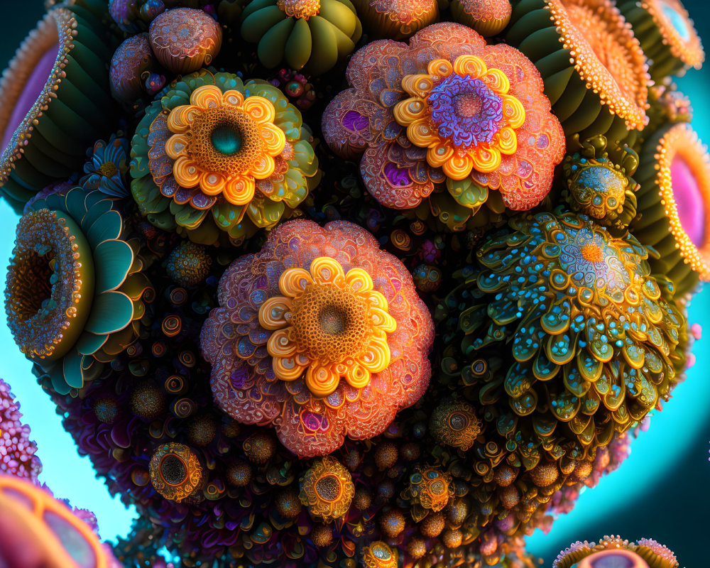 Colorful fractal image of intricate flower-like structures in orange, blue, and green