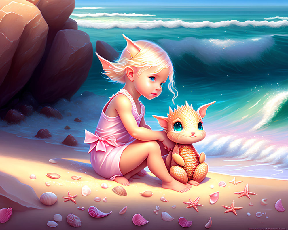 Young elf with pointed ears on sandy beach with cute spiky creature and seashells by ocean