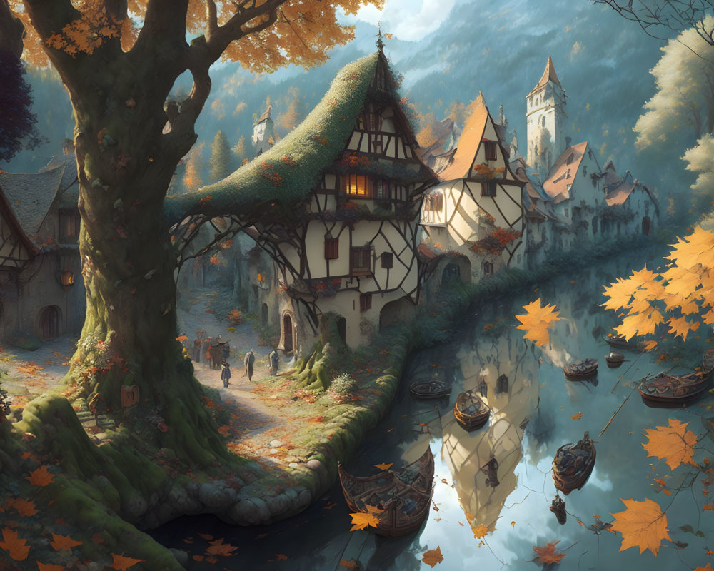 Medieval village with half-timbered homes, river, castle, autumn trees