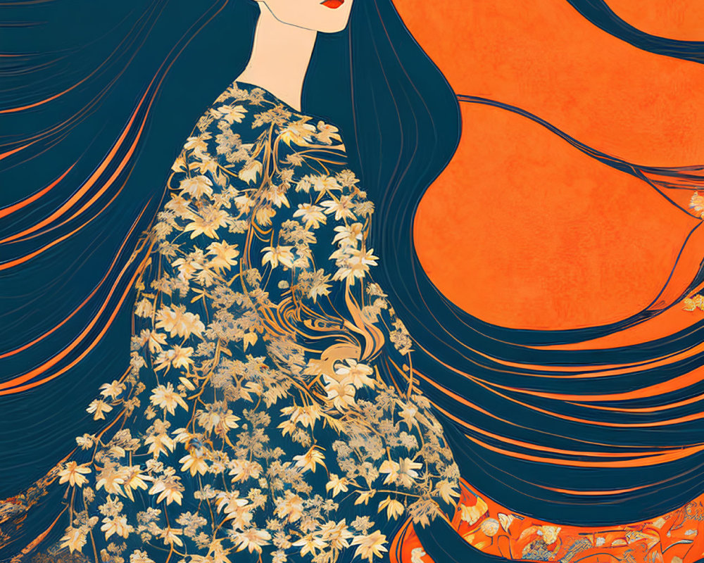 Stylized woman in floral kimono on vibrant orange backdrop