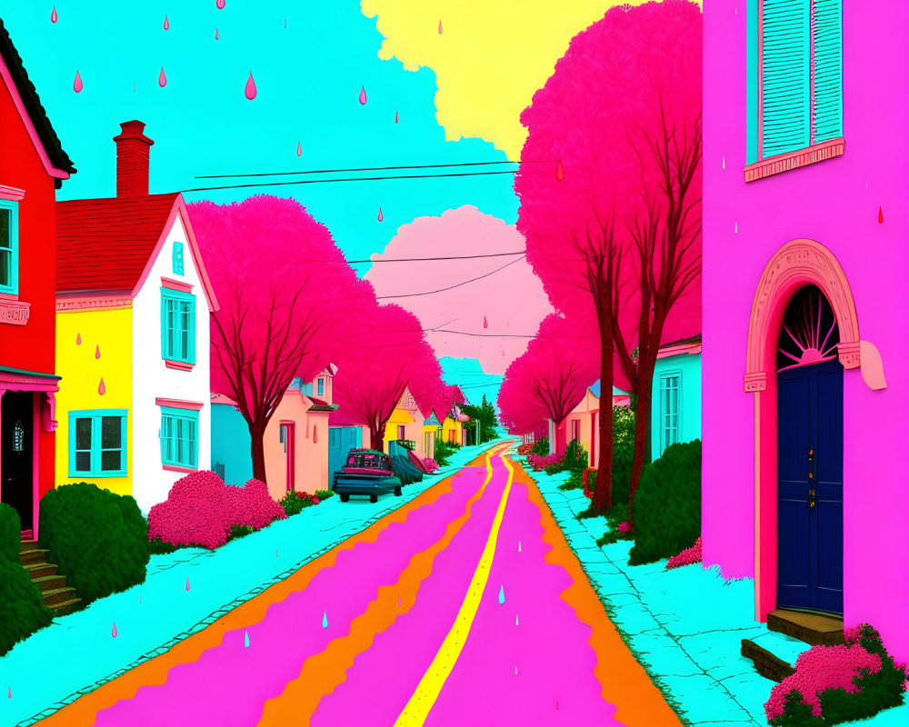 Colorful digitally altered street scene with pink trees, teal sky, neon houses, and yellow road in