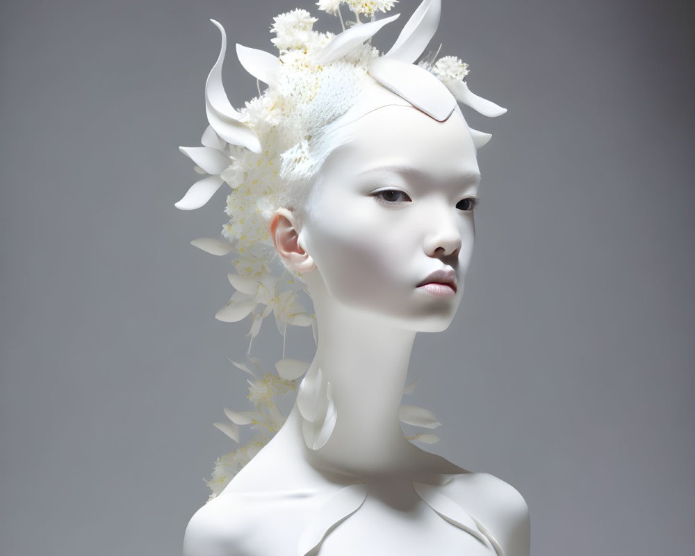 Serene individual with white floral headpiece against grey background