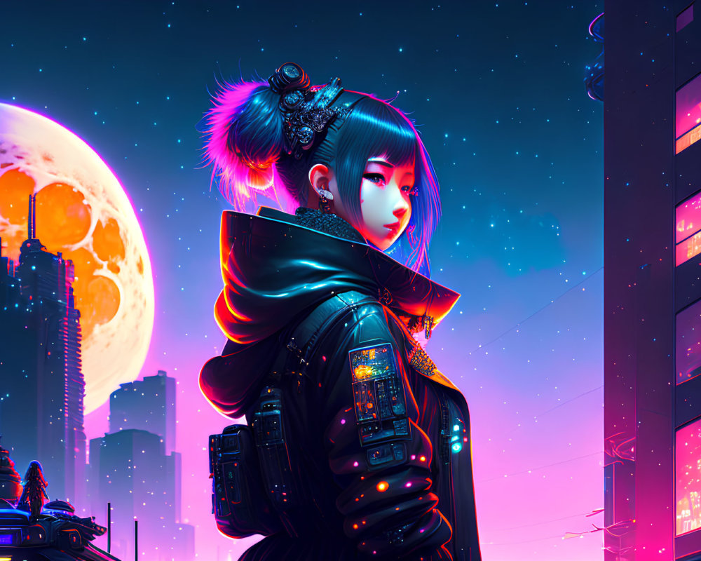 Futuristic cyberpunk-themed artwork of a woman in neon cityscape