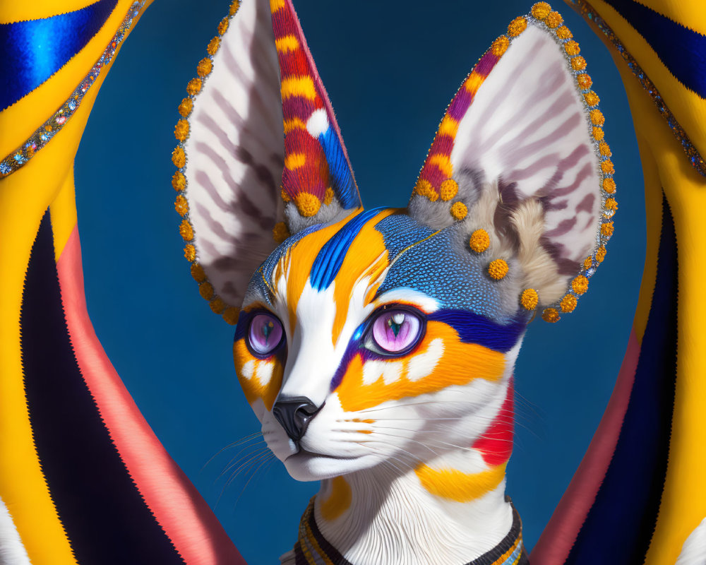 Colorful stylized fennec fox with gem-adorned ears on yellow and blue backdrop