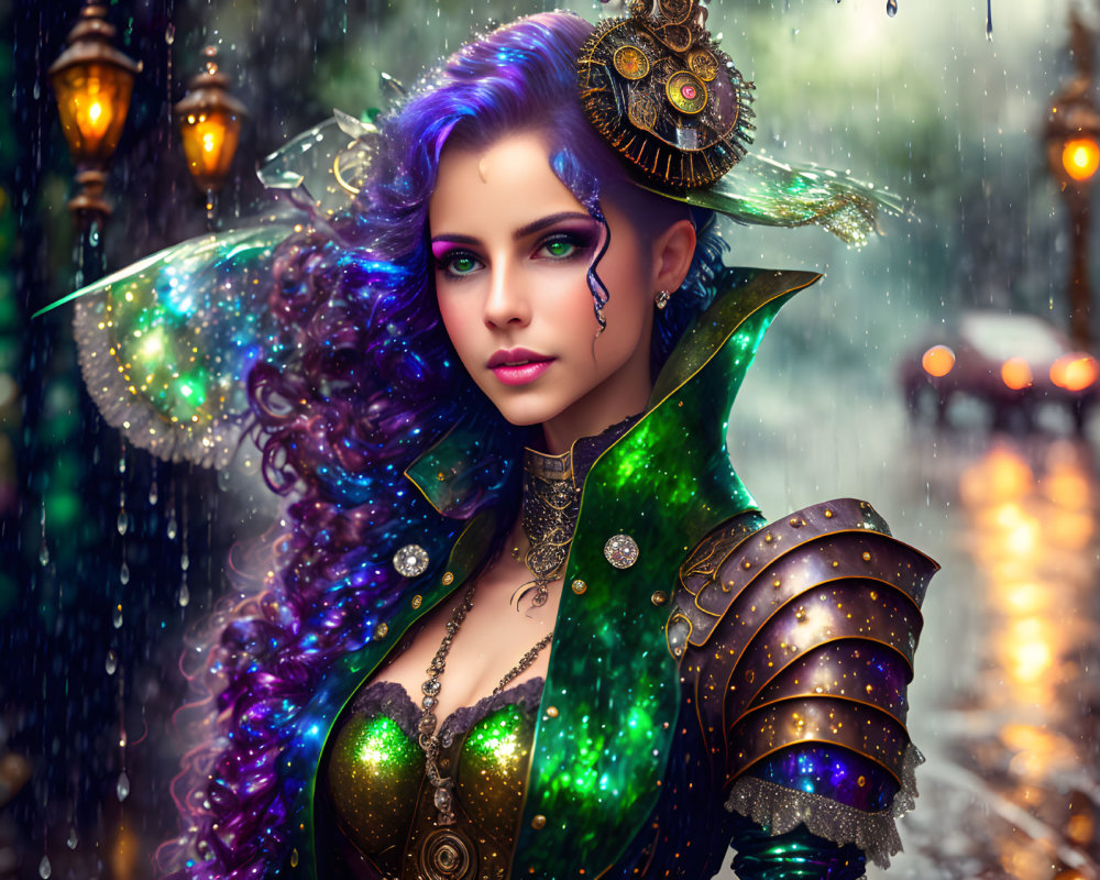 Vibrant purple hair woman in green fantasy armor under falling snowflakes