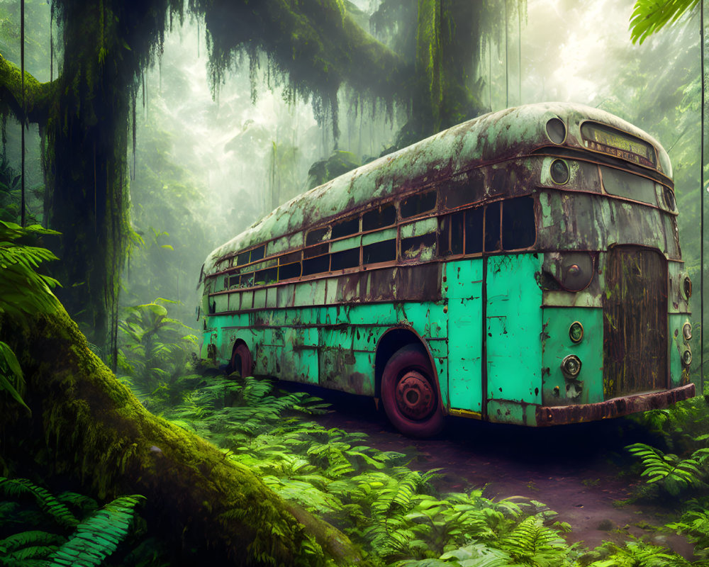 Abandoned turquoise bus in misty green forest