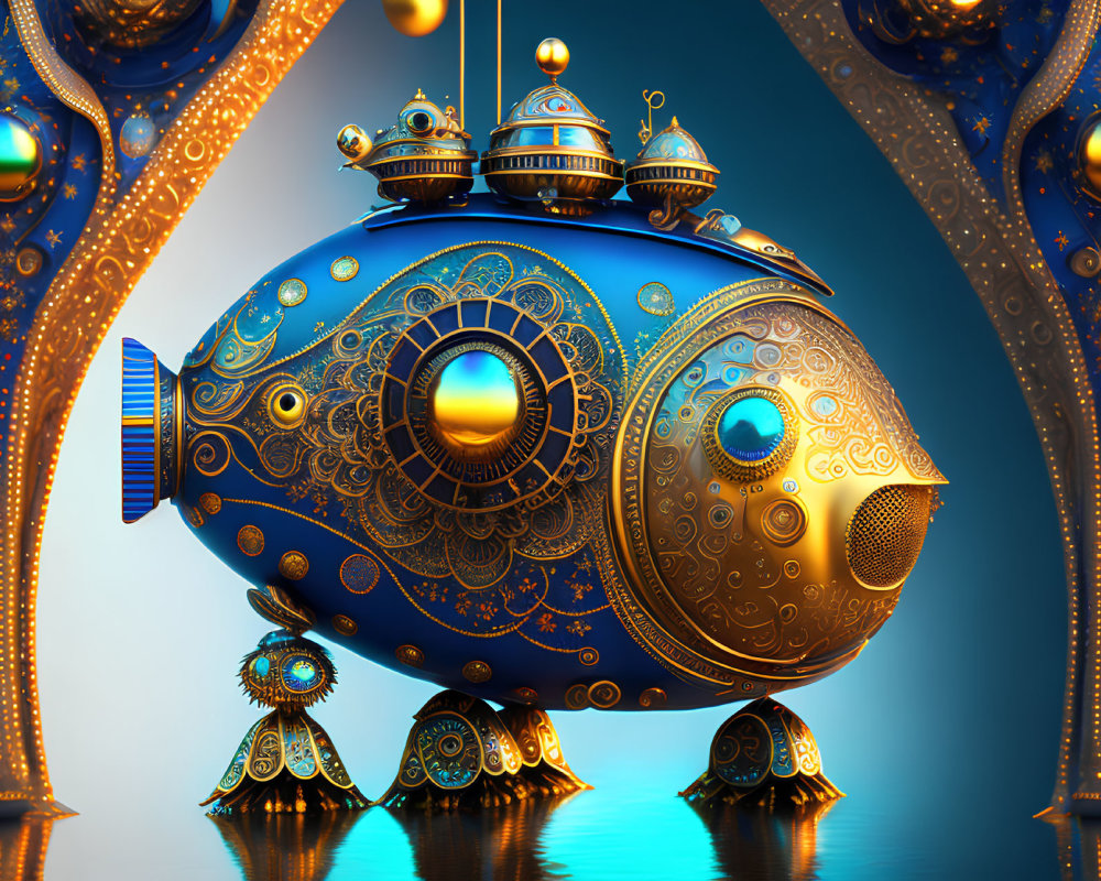 Elaborate fish-shaped metallic structure with golden details in surreal blue setting