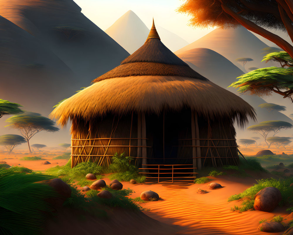 Traditional Thatched Hut in Serene Desert Landscape